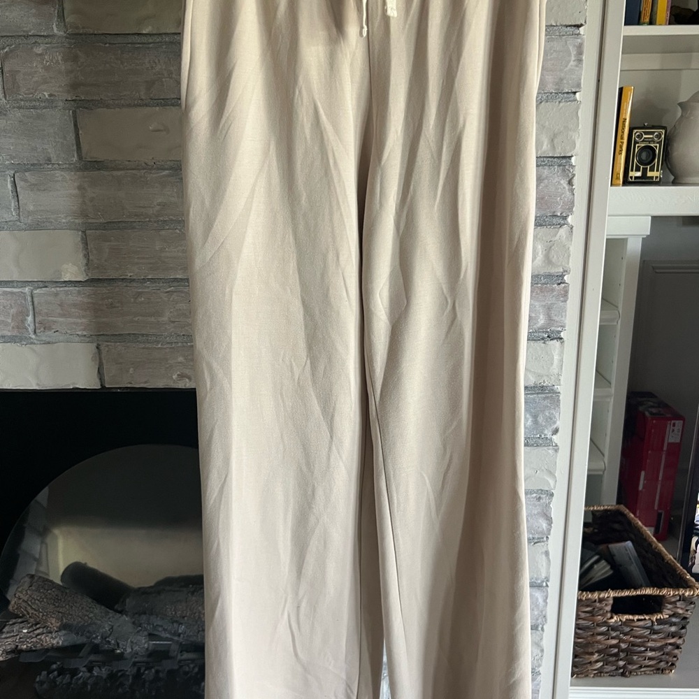 Silk Linen Pants Wide Leg Tan Womens  XL